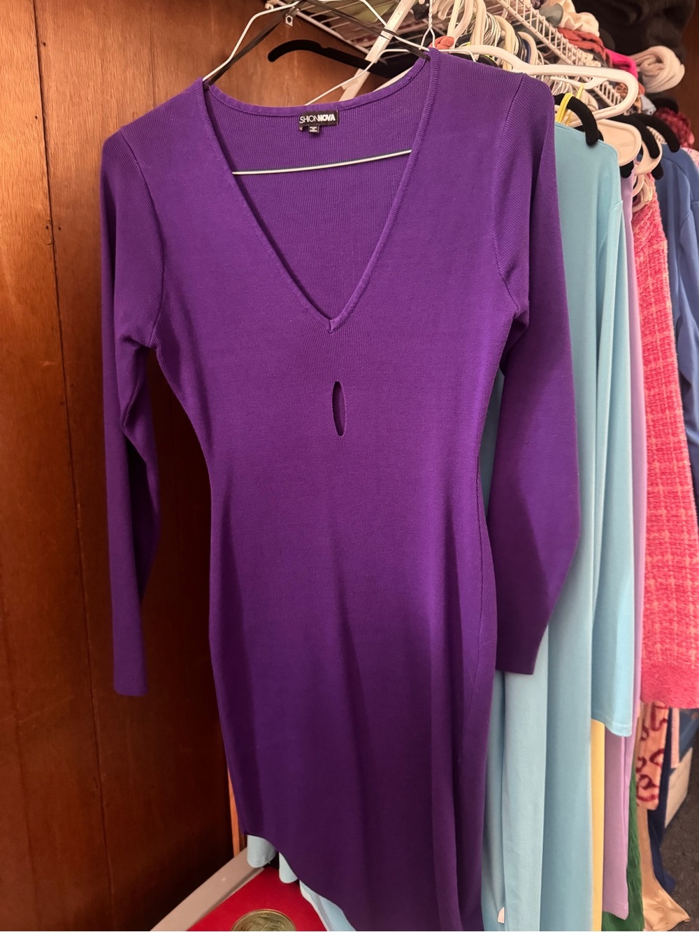 Fashion Nova Joy Purple V-Neck Long Sleeve Bodycon Dress
